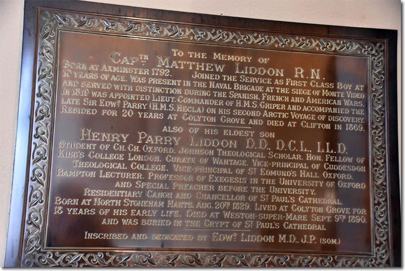 Commemorative plaque to Captain Matthew Liddon and his son Henry Parry Liddon