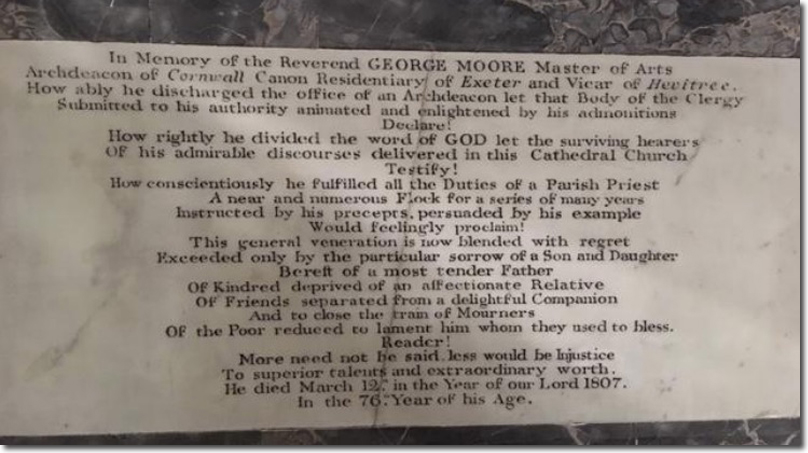 Memorial to the Reverend George Moore in Exeter Cathedral